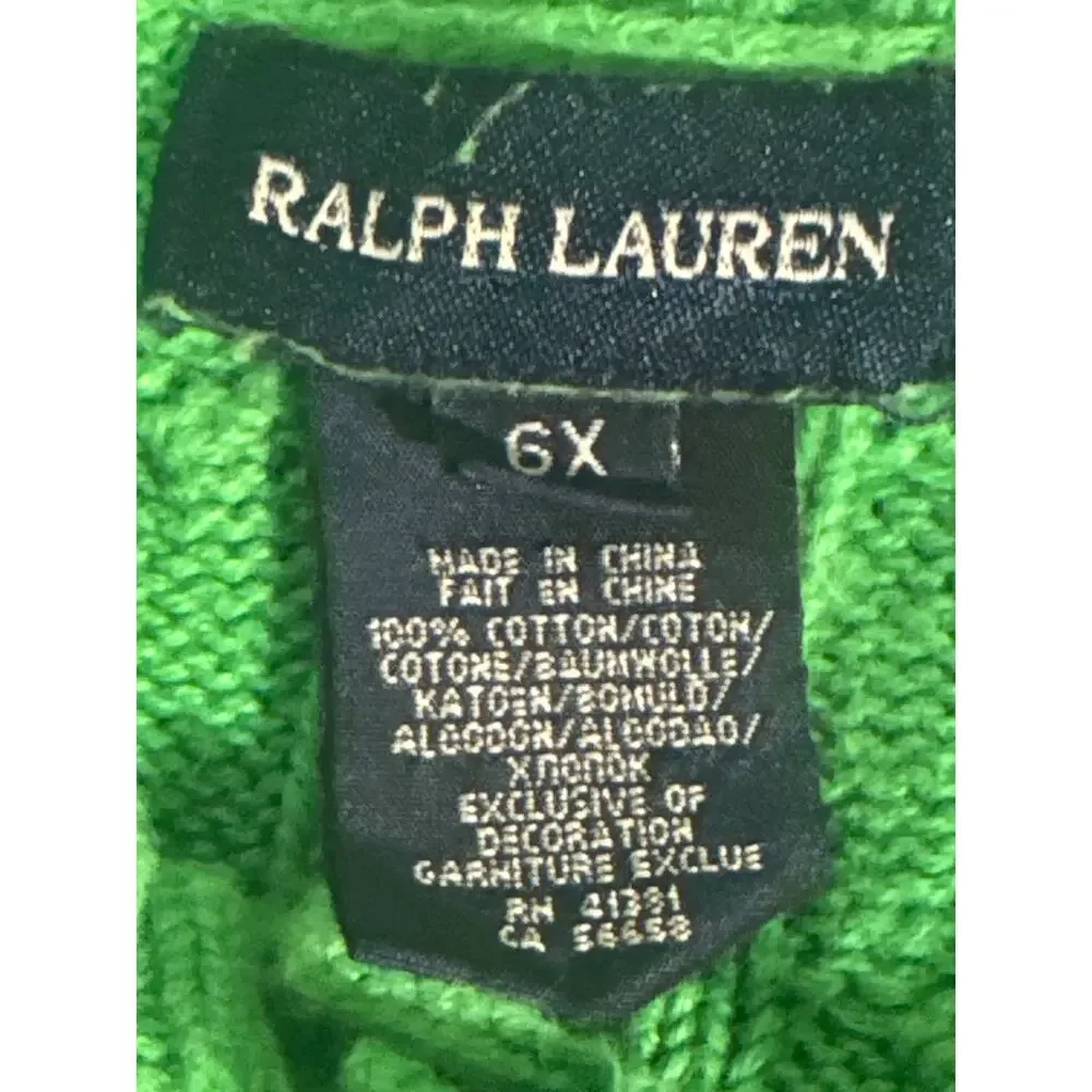 Ralph Lauren Girls 6X Cable Knit Lace Up Sweater Green Cotton Long Sleeve